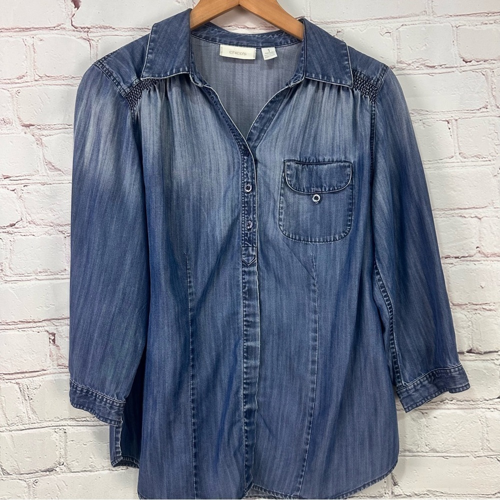 Chicos denim 3/4 sleeve button down shirt top blouse summer fall office medium